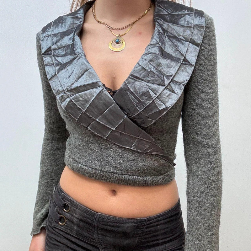 knitted cross-over frilly lace croped cardi