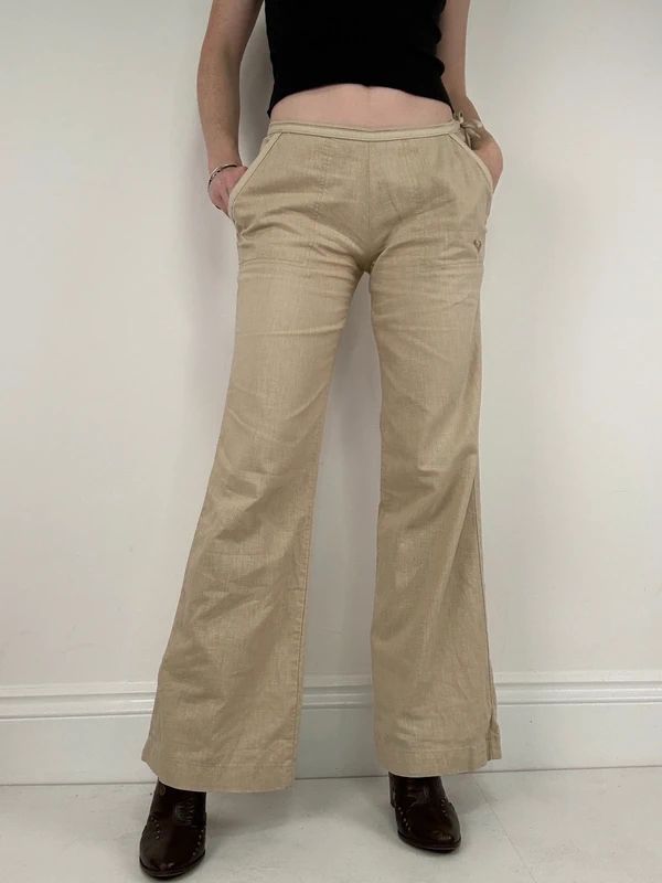 low rise tie waist linen flared trousers