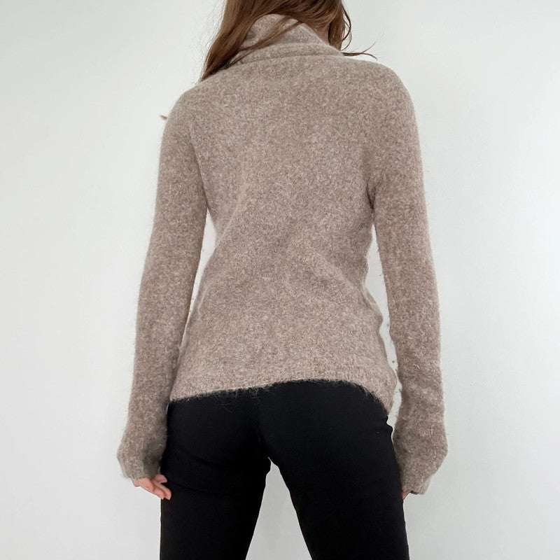 brown taupe fluffy knit mock neck