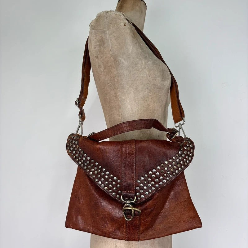 Studded distressed brown leather cargo messenger bag