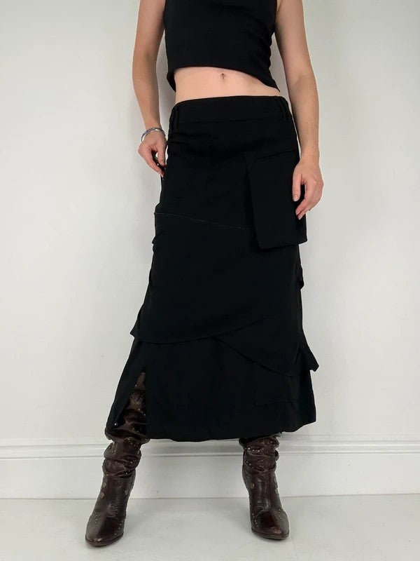 Black layered french flared asymmetric maxi skirt