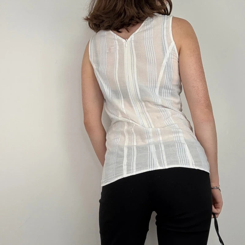 white cotton textured pinstripe popper vest top
