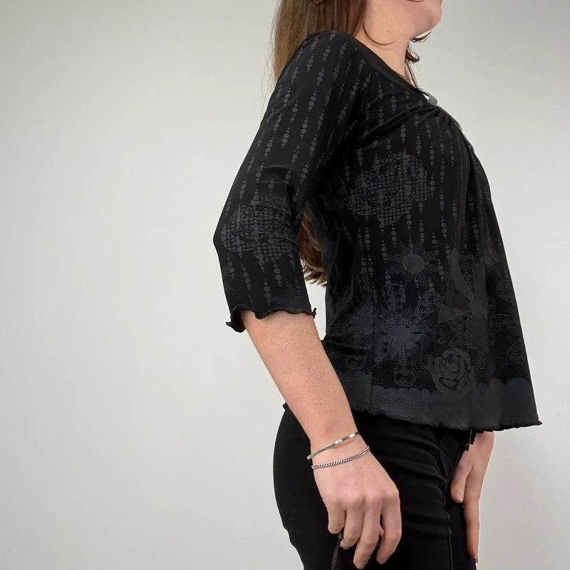 black wide neck belt loop 3/4 length sleeve polkadot t-shirt
