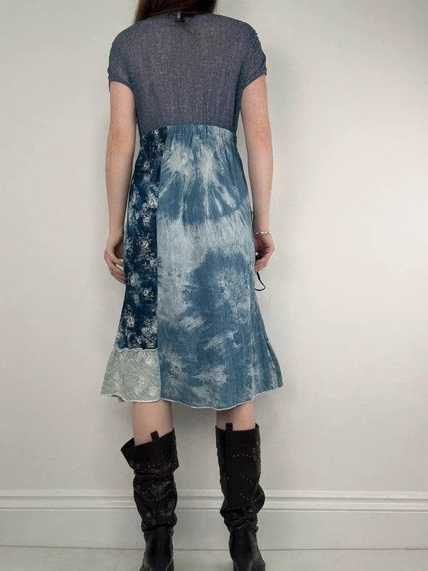 Floral lace blue flared patchwork midi dress