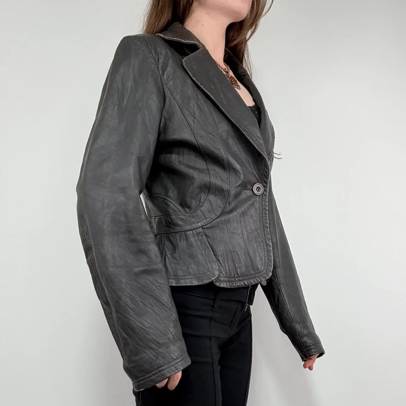 cropped dark brown leather jacket