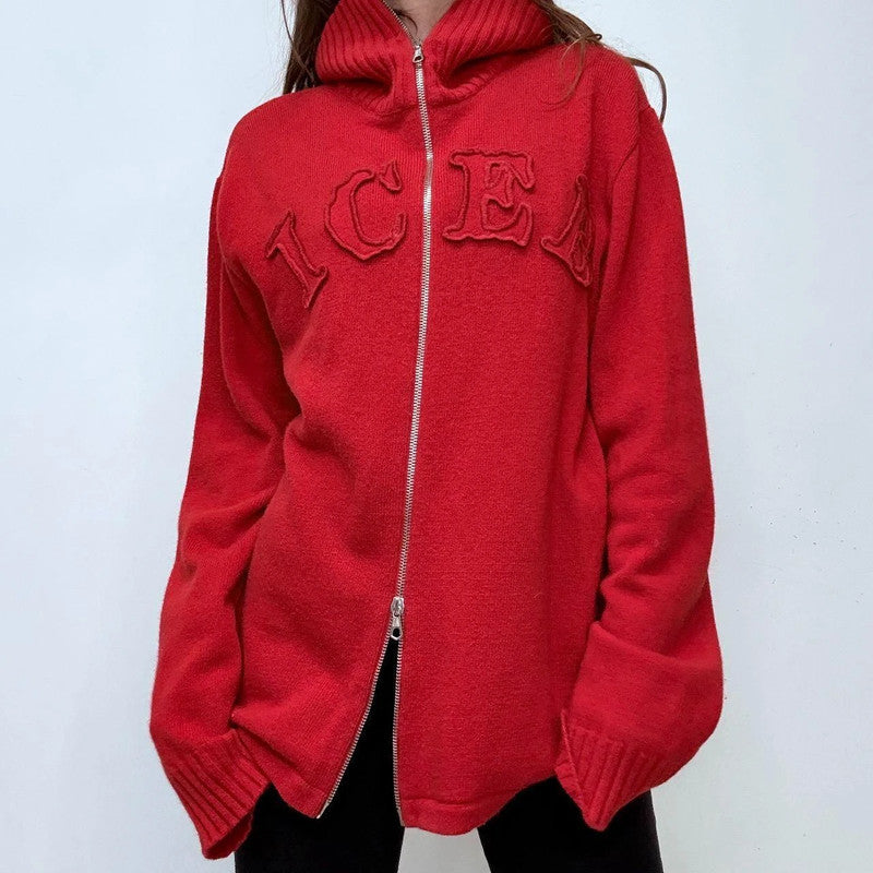 red slouchy zip-up wool jumper