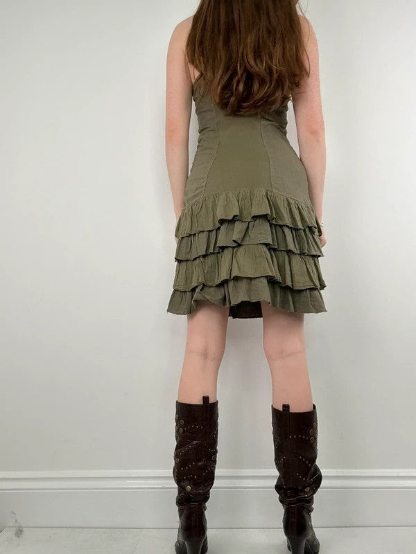 Khaki cotton ruffle lace mini dress