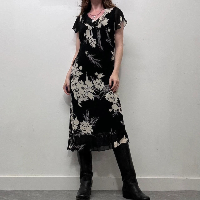 black floral bias cut 90s dress