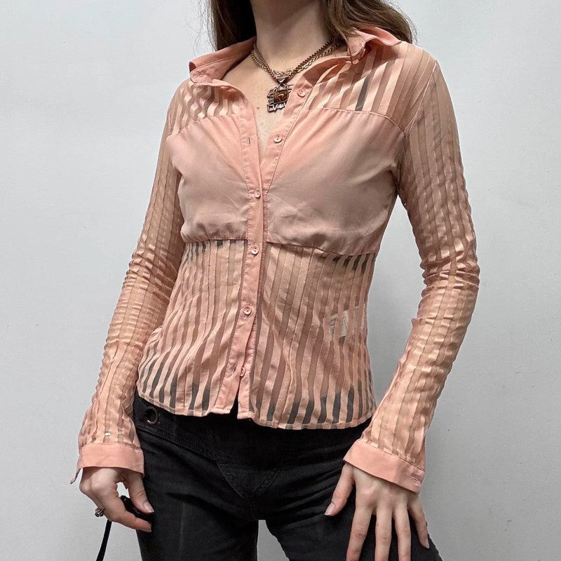 pink mesh pinstripe sheer flared shirt