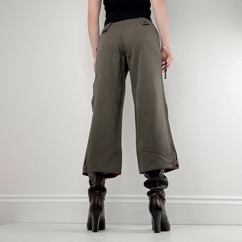 khaki cropped embroidered wide-leg trousers