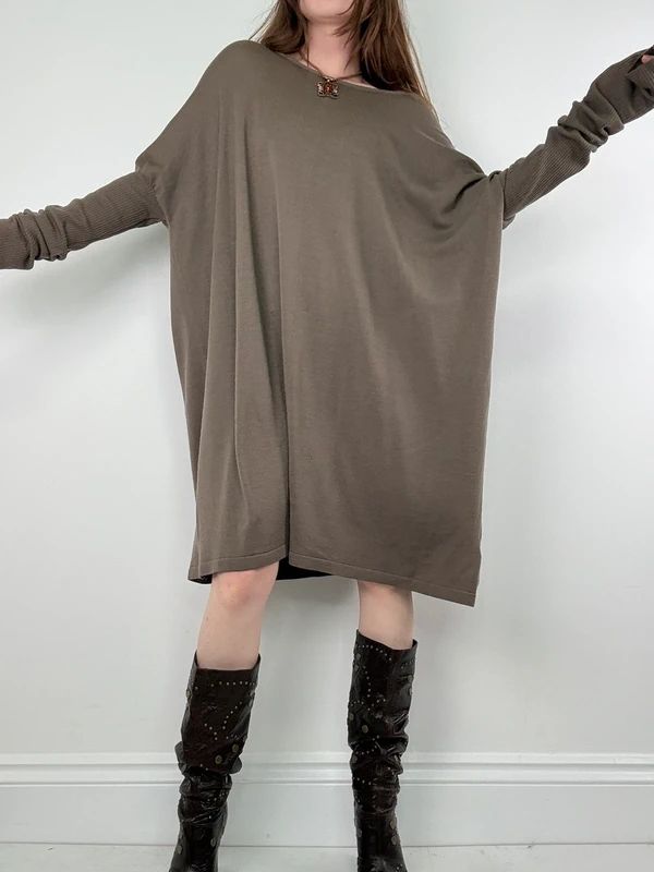 khaki batwing slouchy long sleeve dress