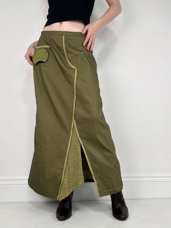 asymmetric khaki maxi skirt