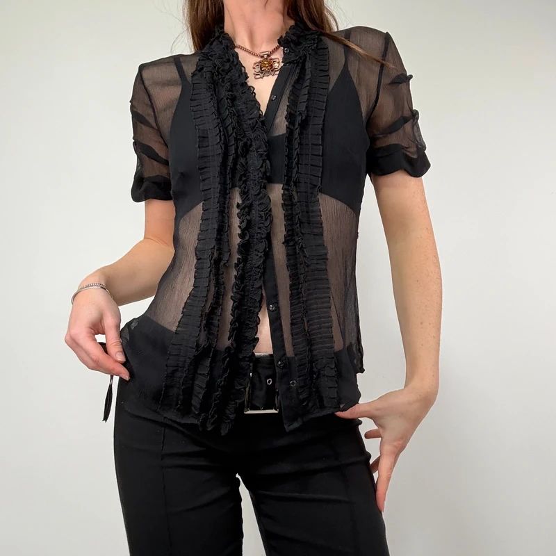 black sheer silk ruffle shirt with short sleeves