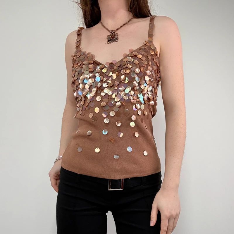 tan mother of pearl disc beadee vest