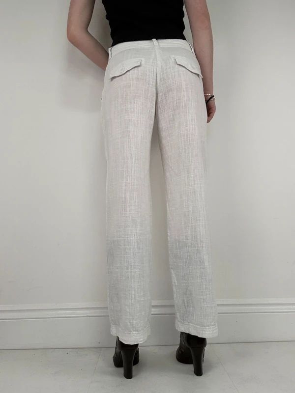 white linen wide leg low rise trousers