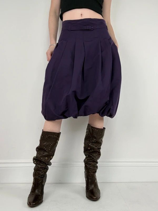 pleated puff balloon purple midi silk cotton skirt