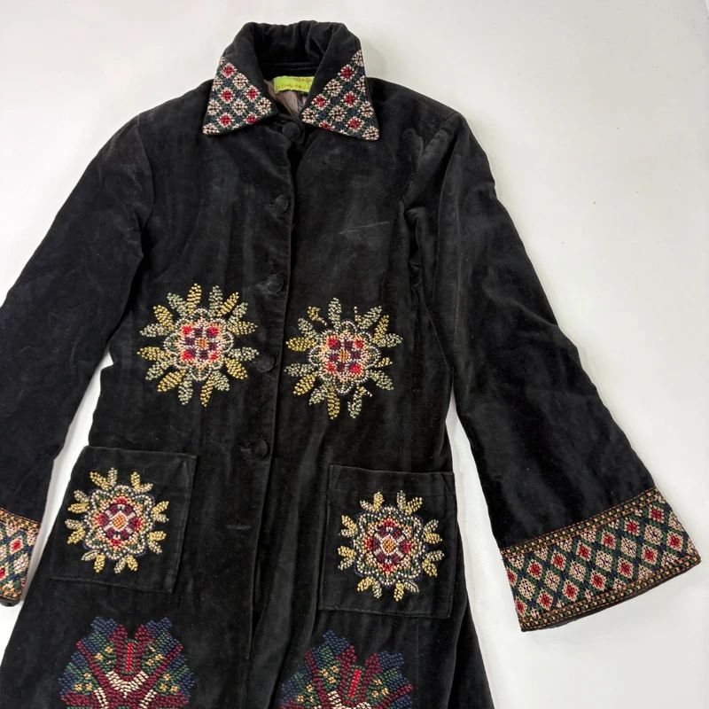 embroidered black velvet longline jacket