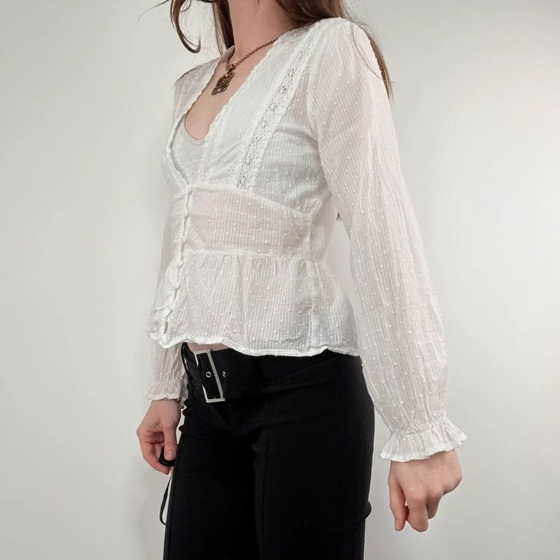 white cotton flared embroidered lace blouse
