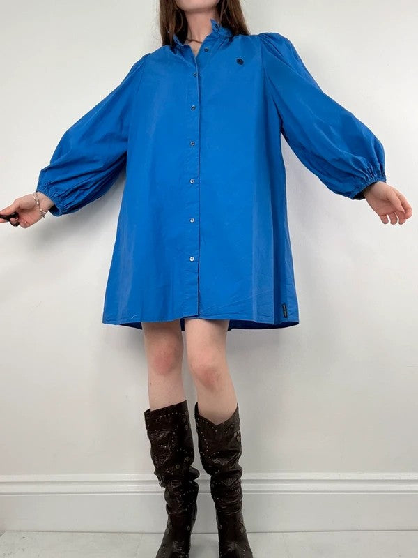 Blue cotton button puff midi shirt dress