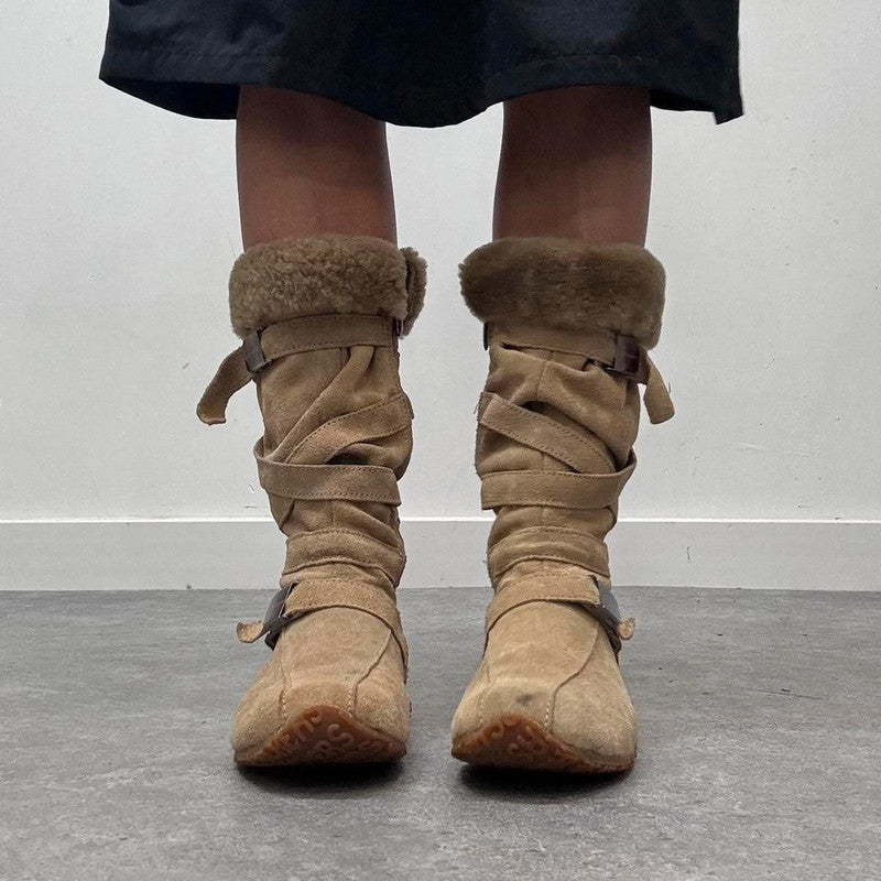Brown suede strappy boxing boots