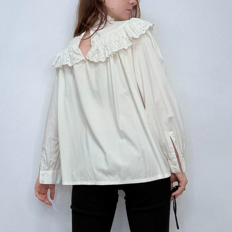 white cotton puff lace high neck shirt