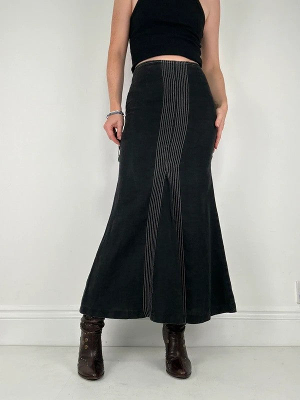 black linen high-waisted stitched flare maxi skirt