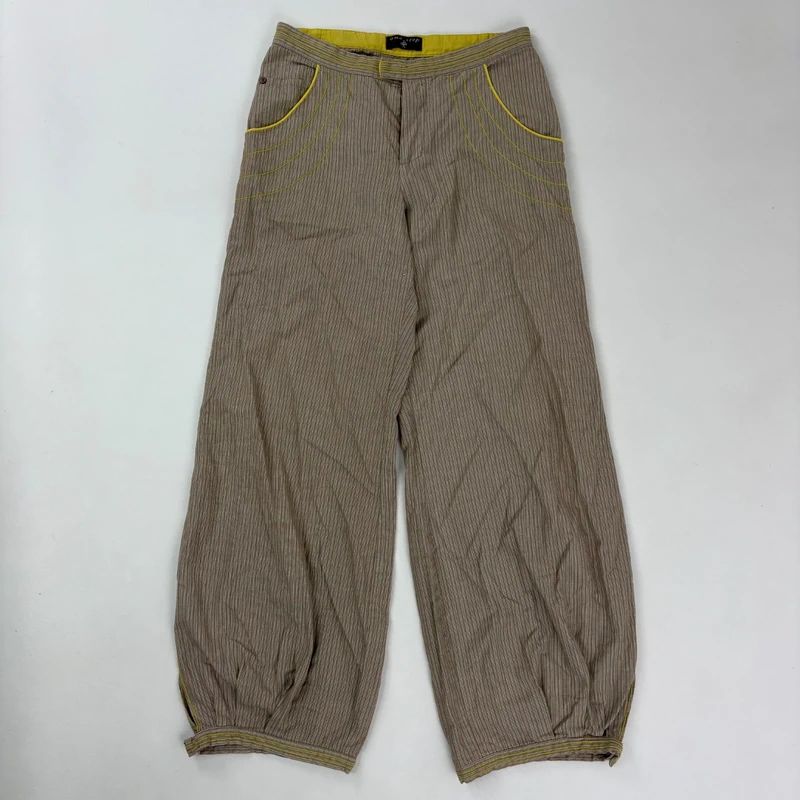 brown pinstripe pleated hem puff cotton trousers