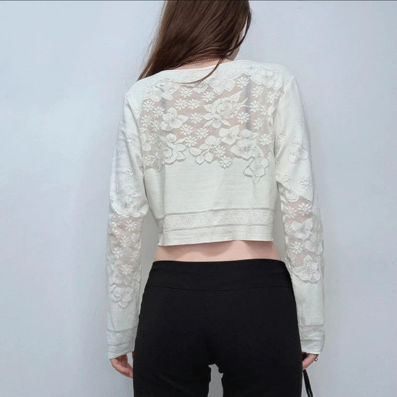 Cropped lace pointelle cardigan