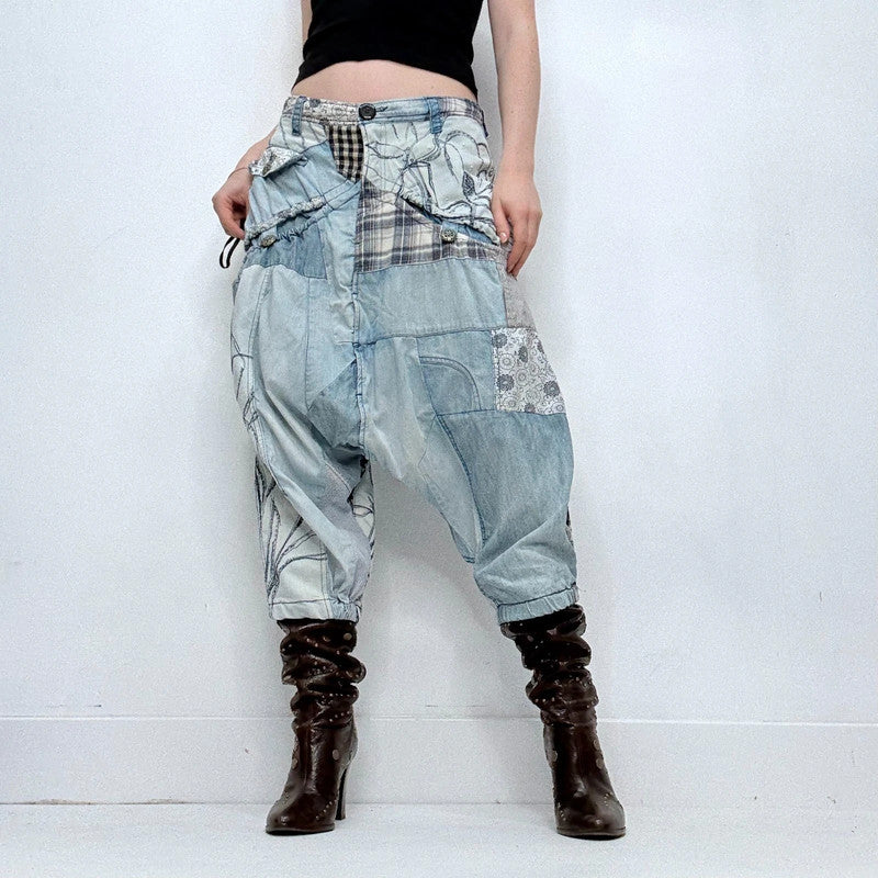 archival grunge patchwork denim puff trousers