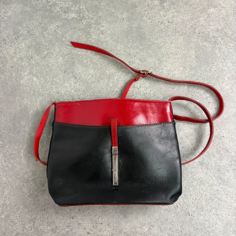 Black and red leather patient mini messenger bag