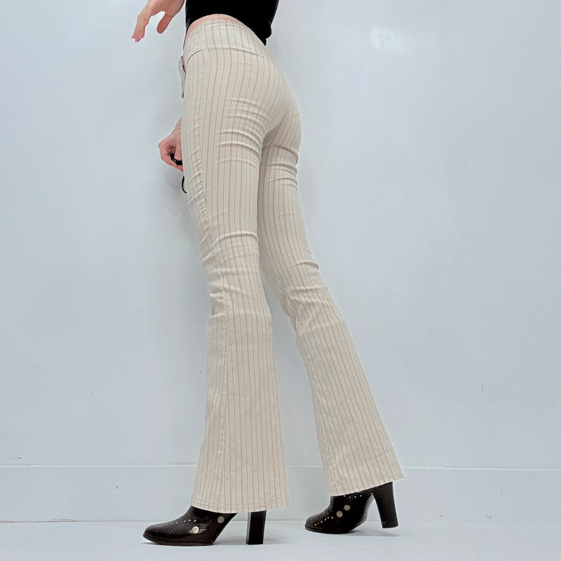 tan pinstripe buckle flared trousers