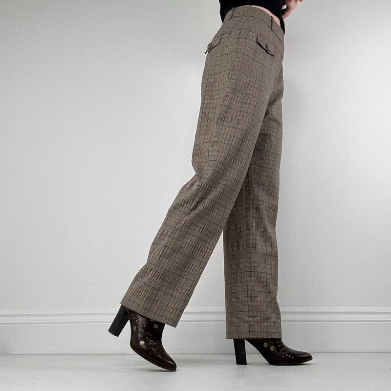 brown tartan checked wide leg suit pants