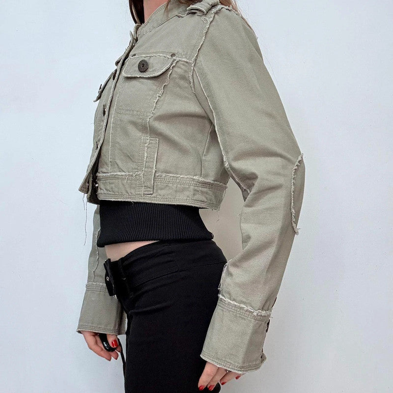 khaki cropped button-up utility jacket