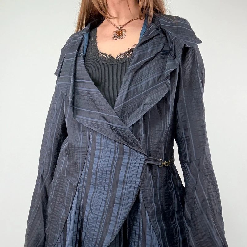 Navy Pinstripe Asymmetric Ruffle Jacket