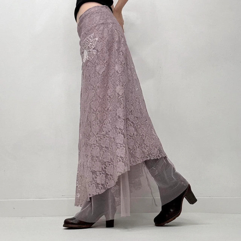 lilac lace sheer asymmetric maxi skirt