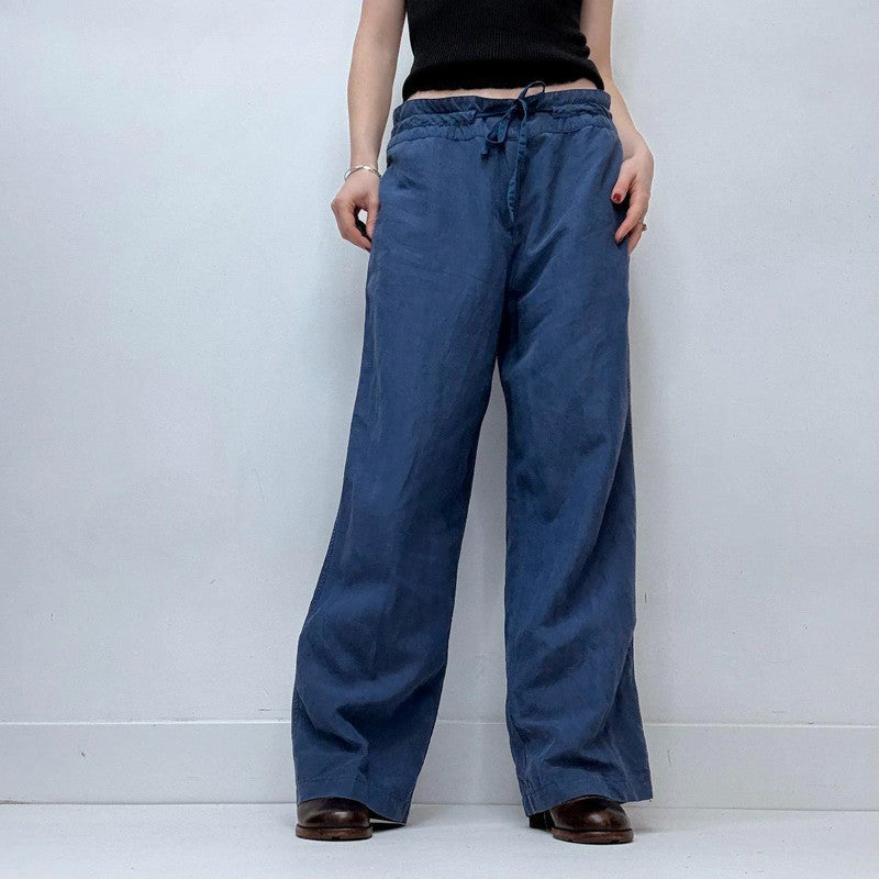 blue wide-leg linen silk drawstring trousers