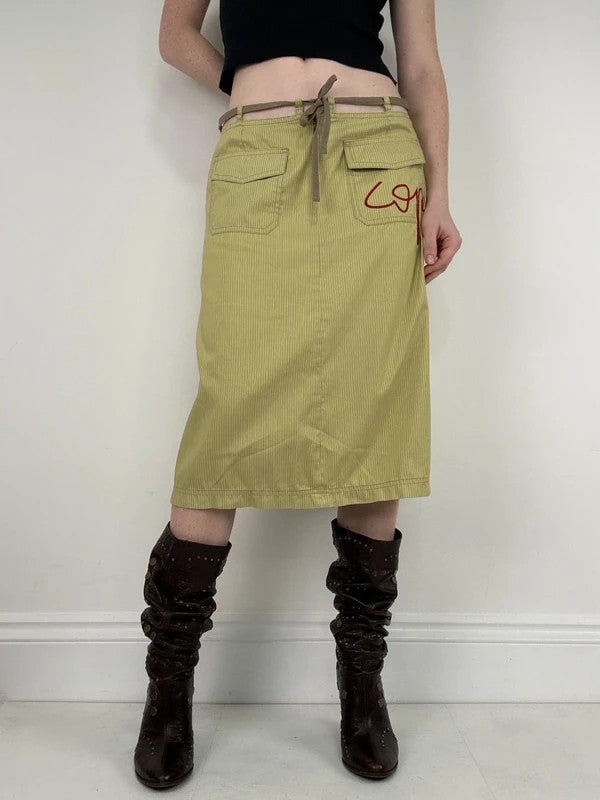 green pinstripe Cop Copine midi cargo skirt