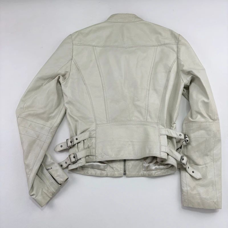 Cream Cropped Leather Biker Jacket