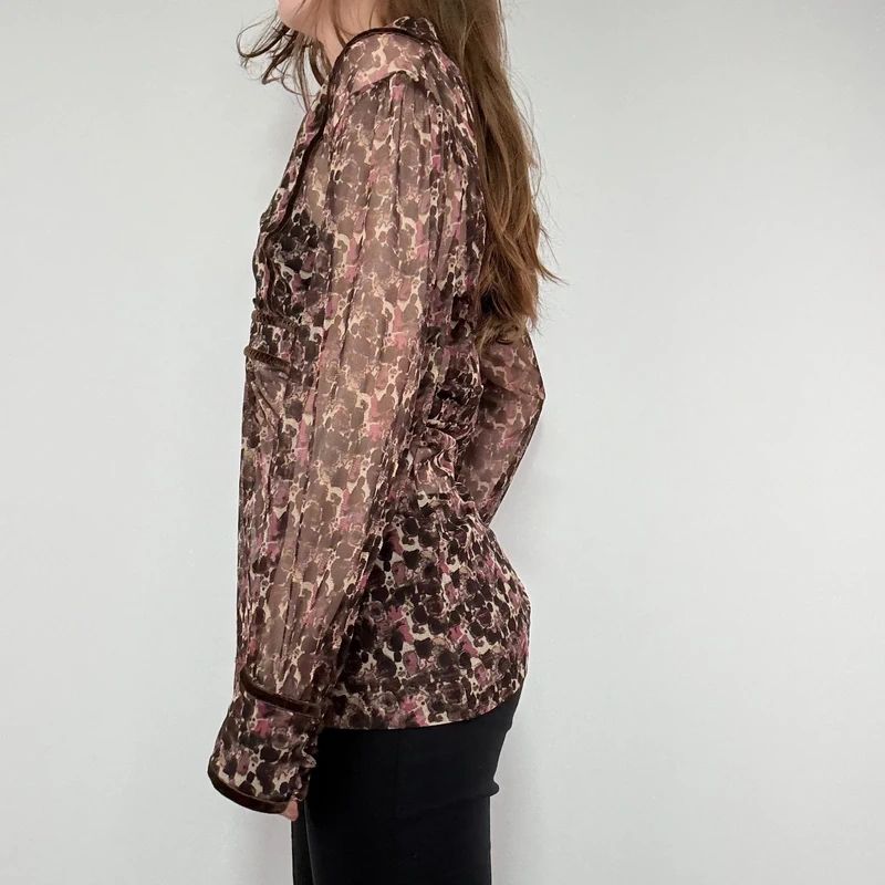 sheer brown and pink printed flared shirt