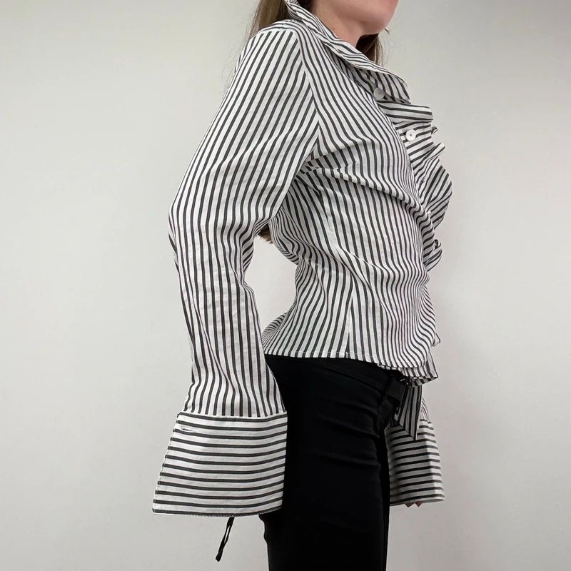 Asymmetric Pinstripe Wrap Ruffle Shirt
