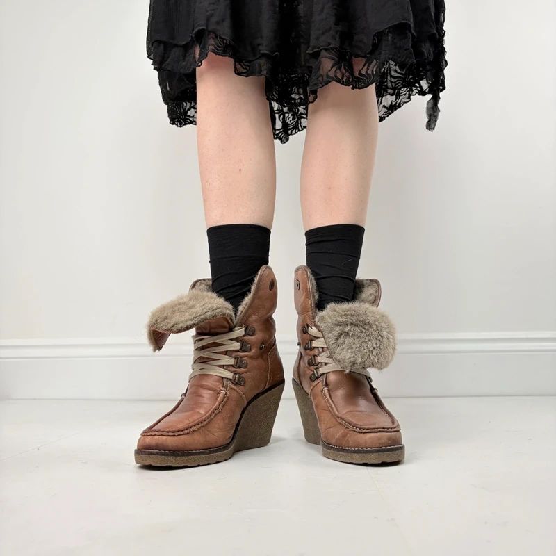 tan sheepskin leather wedge boots