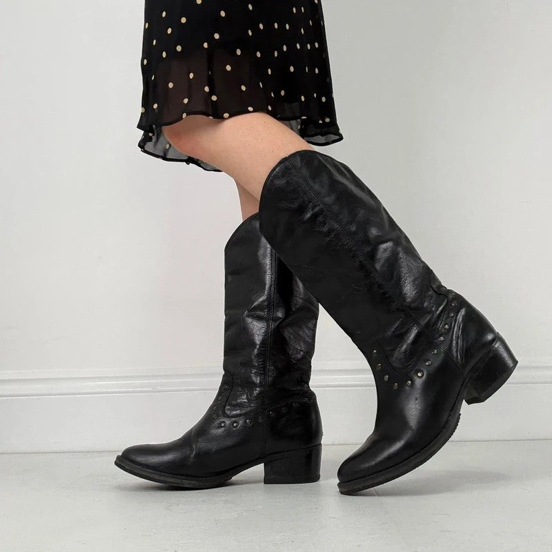 Black leather studded boots