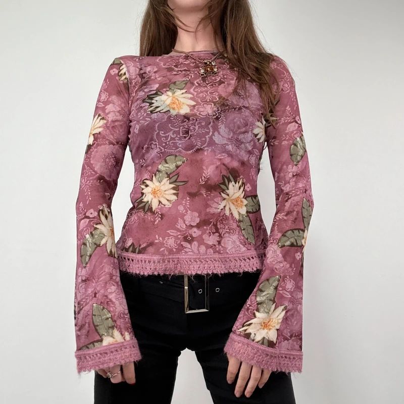 Floral Boho Fairy Pink Flared Blouse