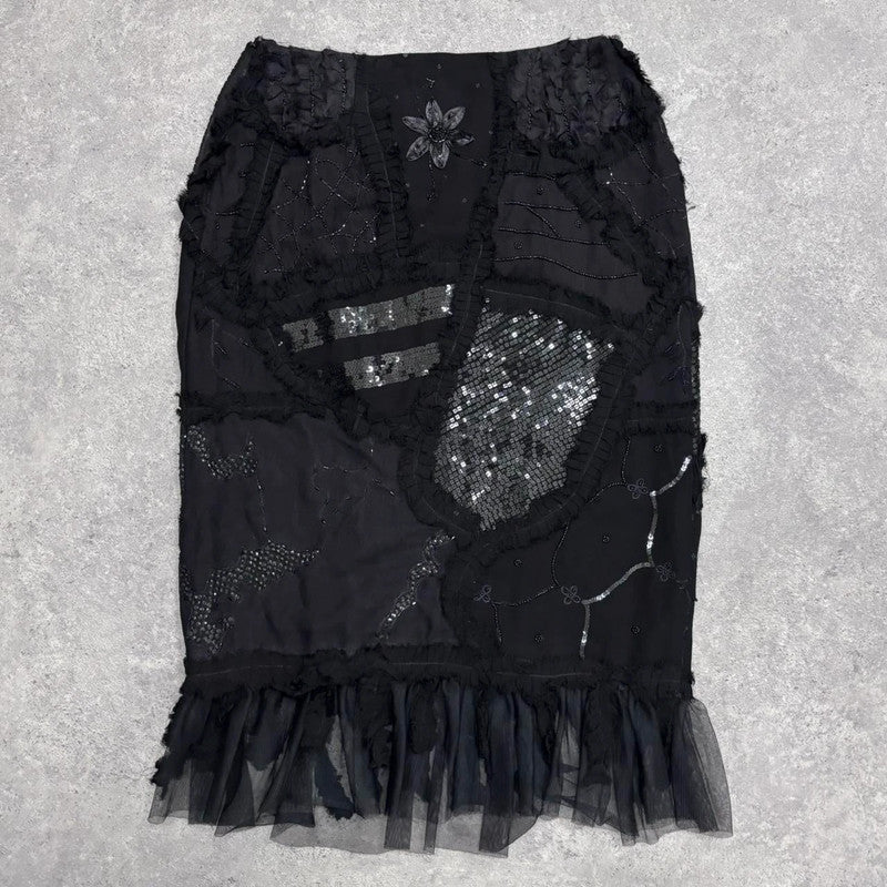 black sheer embroidered lace midi skirt