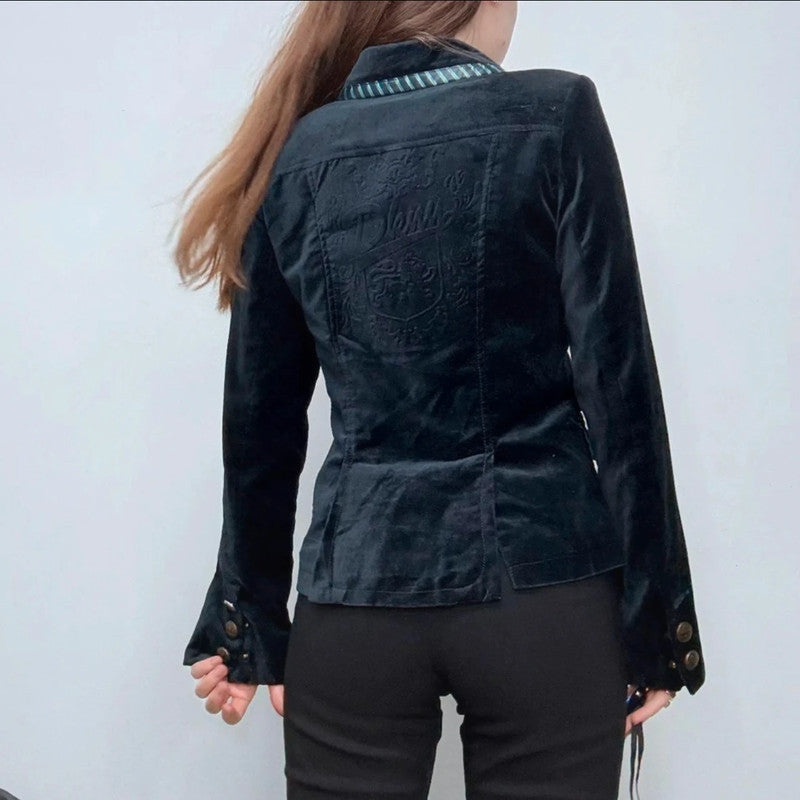 Asymmetric cropped flared military jacket