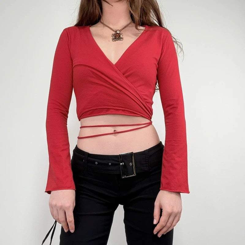 red jersey cropped ballerina wrap cardigan
