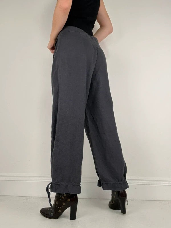 Navy linen puff leg drawstring bloomer trousers