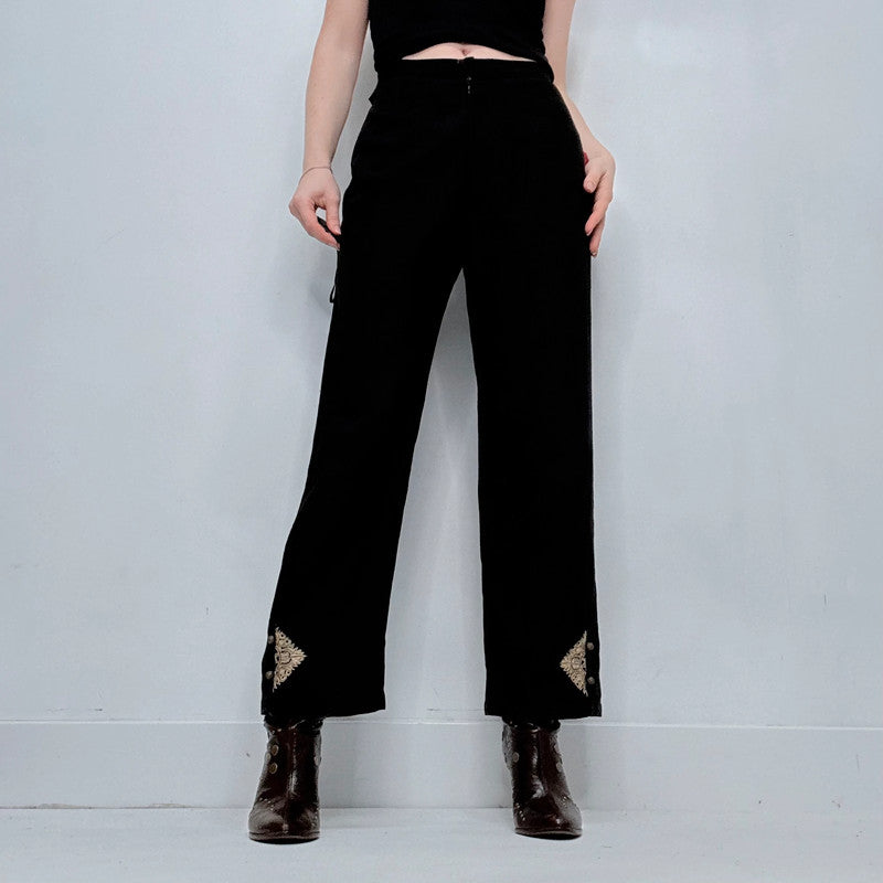 black linen wide leg embroidered trousers