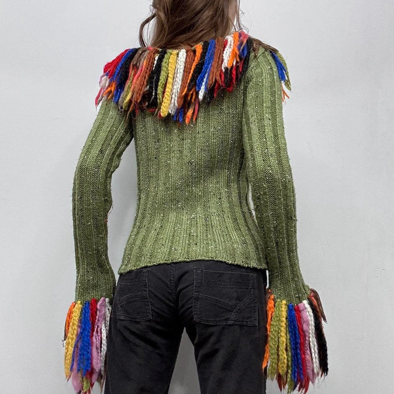 ribbed knit tassel flared cardigan