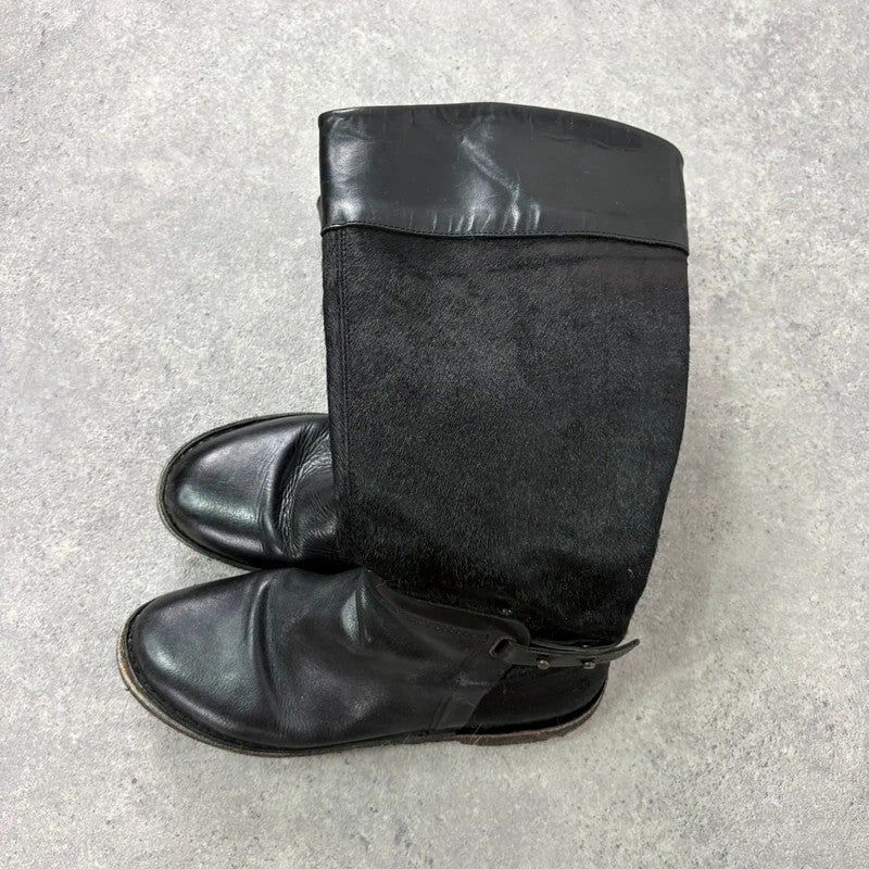 Black leather cowhide pony skin knee high boots